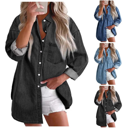 New 2024 Casual Fashionable Denim Shirts Wild Pockets Korean Style Autumn Summer Women'S Blouses Minimalist Lady Tops