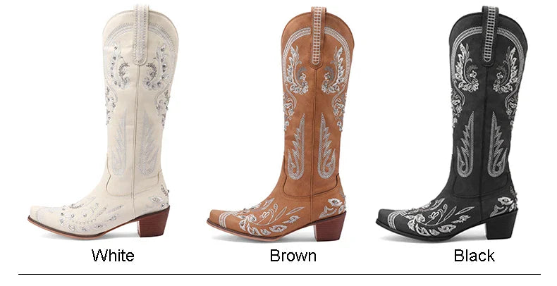 Bottes de cowboy occidentales au genou pour femmes, broderie de fleurs, biscuits, blanc, marron, rond, Parker, talons hauts, rétro, bottes longues de cowgirl