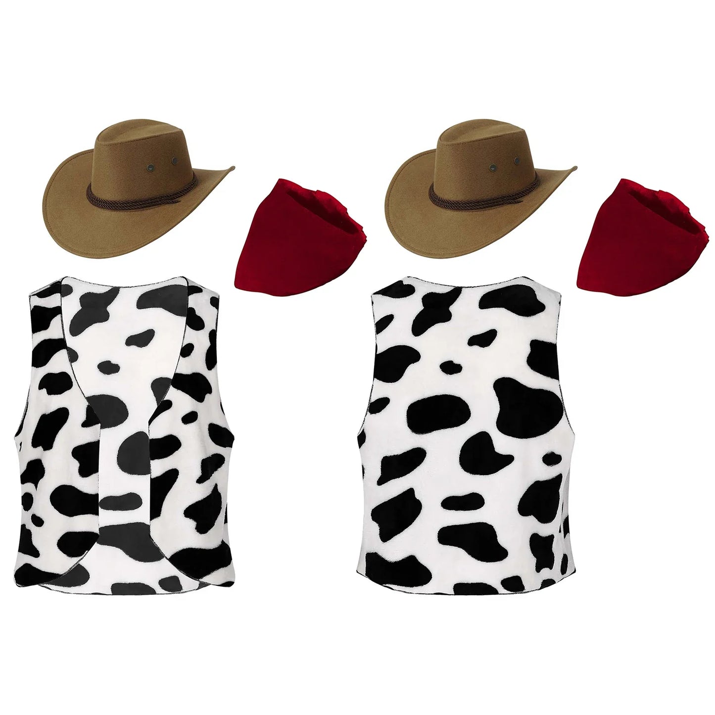 Mens Western Cowboy Cosplay Costume Suit with Hat And Print Bandanna Cow Printed Flannel Waistcoat for Halloween Carnival Party
