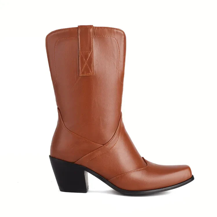 Bottes western rétro noires mi-mollet pour femme à talons épais gothiques, grandes tailles 34-48 777-11