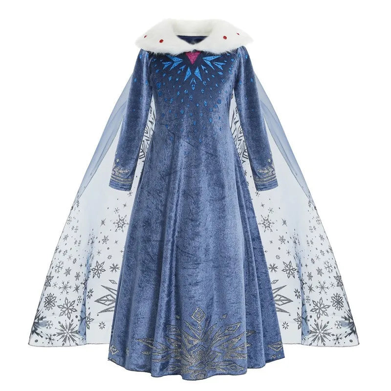Costume Elsa Fille Robe Bleue Manches Longues Enfants Cosplay Princesse Déguisement Fête d'Halloween Anniversaire