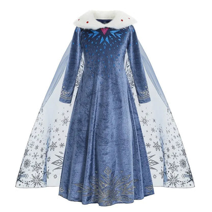 Costume Elsa Fille Robe Bleue Manches Longues Enfants Cosplay Princesse Déguisement Fête d'Halloween Anniversaire