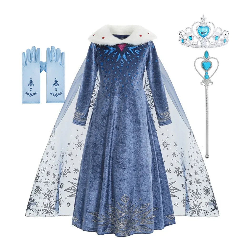 Costume Elsa Fille Robe Bleue Manches Longues Enfants Cosplay Princesse Déguisement Fête d'Halloween Anniversaire