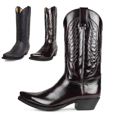 Men's Western Cowboy Boots Embroidered High Boots Retro Pointed Toe Platform Leather Shoes Slip on Plus Size Men Mid-calf Boots