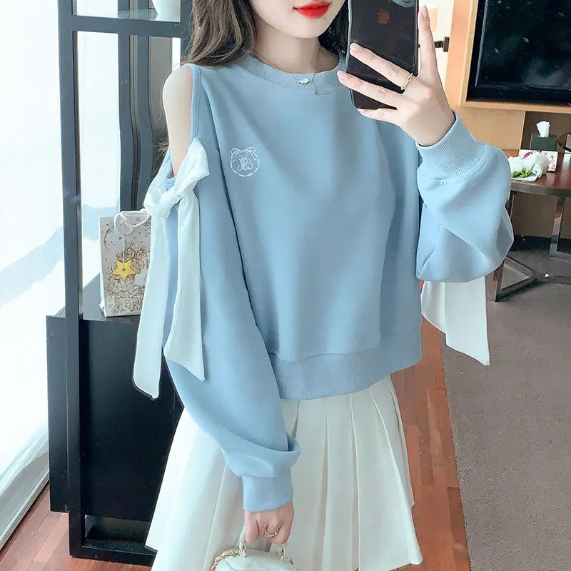 Sweat-shirt à épaules dénudées pour femmes, mode Harajuku, vêtements pour jeunes, Sport essentiel, nouveau, basique, bleu, hauts pull pour femmes