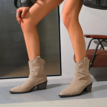 Women Boots 2025 New Cowboy Retro Leather Ankle Boots Comfortable Embroidered Spring Autumn Sexy High Short Boots Botas Mujer