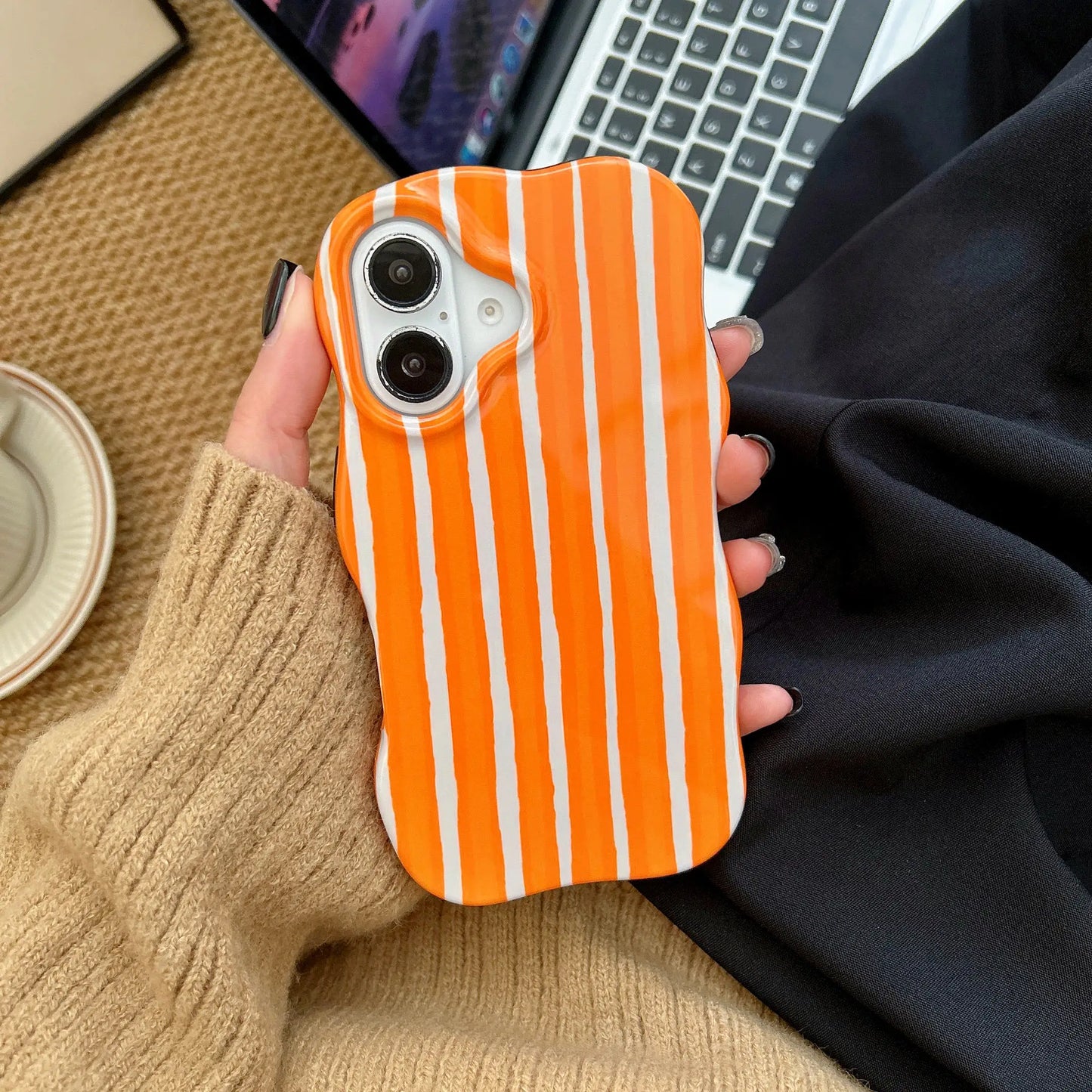 Fashion 2 in 1 Glossy Stripes Phone Case for iPhone 13 14 15 16 Pro Max Wave Edges Comfortable Touch Hard Slim Back Cover Shell