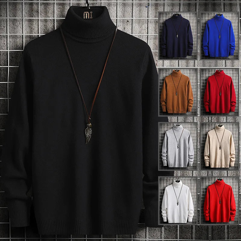 Pulls Hommes Chandails Tricotés Col Roulé Couleur Unie Épaisse Décontractée Manches Longues Haut Tricoté Épissé Pull Coupe Slim Automne Hiver