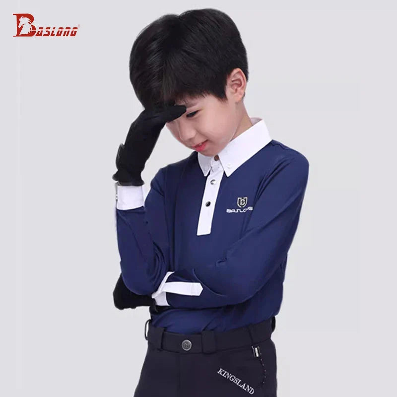 Baslong T-shirt pour enfants, haut à manches longues, protection solaire respirante, vêtements de chevalier pour garçons et filles, compétition d'équitation, vêtements de chevalier