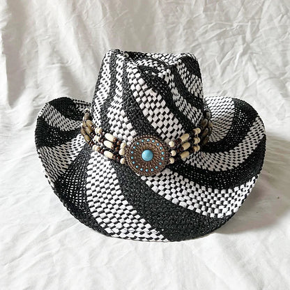 Chapeau de paille de cowboy vert matcha, tissé à la main, creux, pour hommes et femmes, chapeau de soleil d'été, chapeau de paille de cowboy occidental