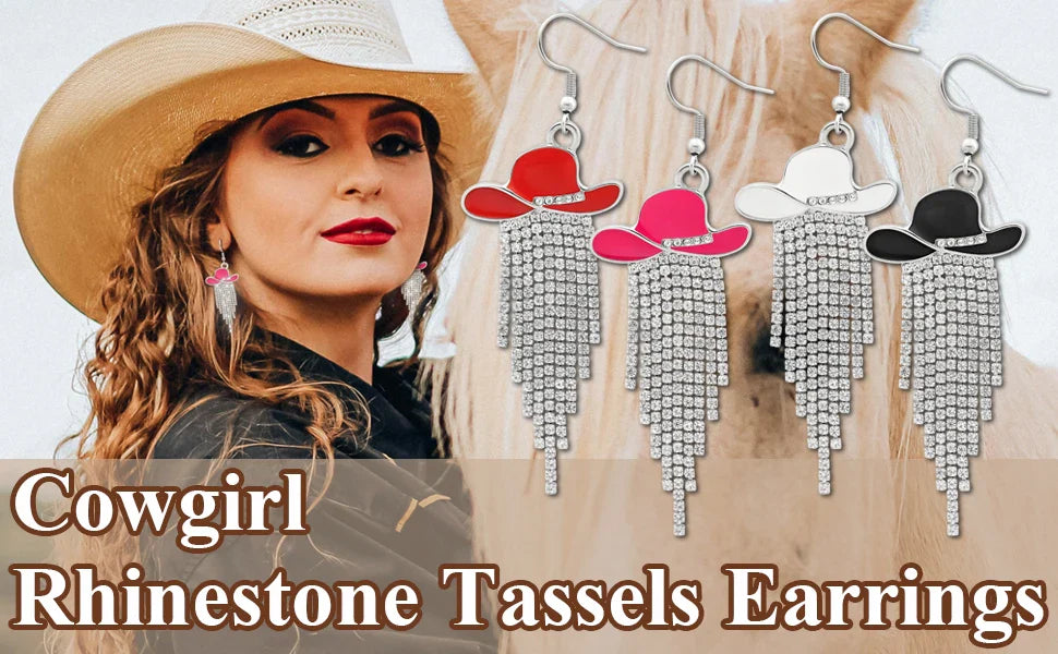 Boucles d'oreilles pendantes de cowgirl de l'Ouest, Chapeau en émail, Pendentif à pompon strass scintillant, Bijoux pour femmes pour bal, concerts country, rodéo, cow-boy