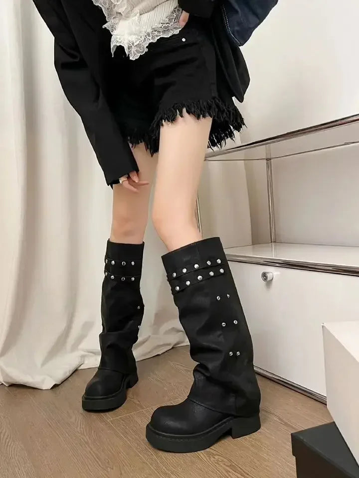 Bottes de cowgirl occidentales pour femmes, bottes hautes au genou, bottes longues en cuir PU, bottes de pantalon cloutées noires, style punk, mode automne