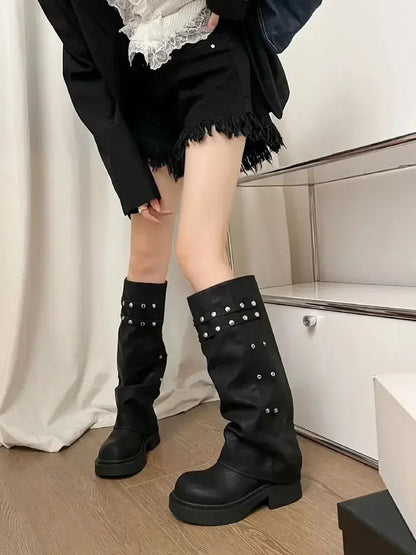 Bottes de cowgirl occidentales pour femmes, bottes hautes au genou, bottes longues en cuir PU, bottes de pantalon cloutées noires, style punk, mode automne