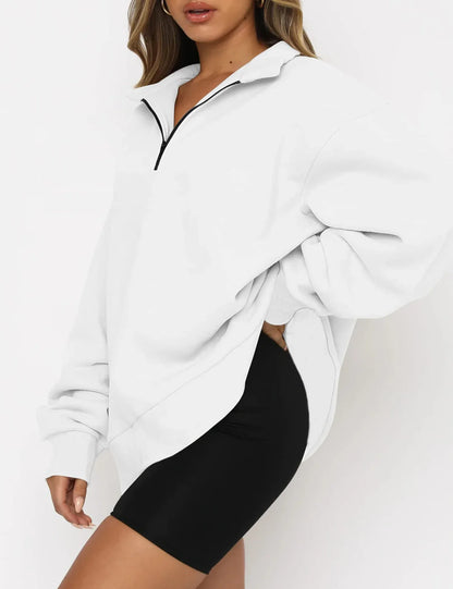 Women Sweatshirts Turn Down Collar Zipper Pullovers Long Sleeve Spliced Thick Warm Sweatshirt Outwear Autumn Winter 2024