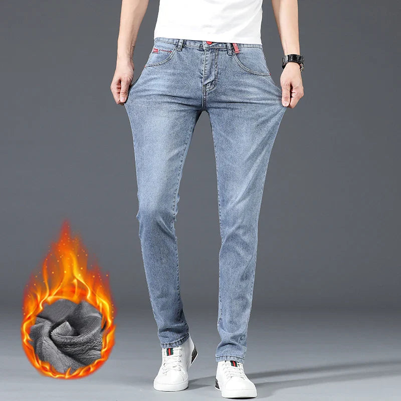 Jean skinny homme polaire hiver chaud uni coréen tendance slim pantalon denim homme épaissi extensible coupe crayon vêtements homme