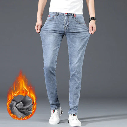 Jean skinny homme polaire hiver chaud uni coréen tendance slim pantalon denim homme épaissi extensible coupe crayon vêtements homme