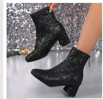 Bottes pour femmes 2024 Nouvelle mode Paillettes Bout rond Bottines femmes Automne Hiver Soirée Talons épais Chaussures pour femmes Botas De Mujer