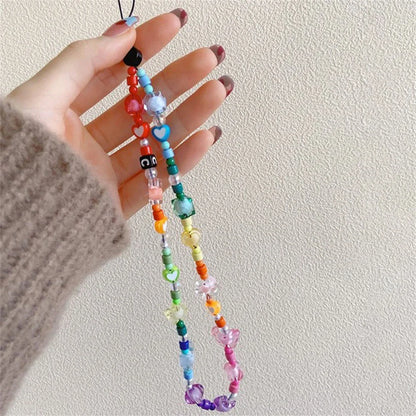 Korean Cute Heart Beaded Phone Charm Strap Chain Lanyard Women Girl Jewelry Butterfly Phone Beads Pendant Decoration Wholesale