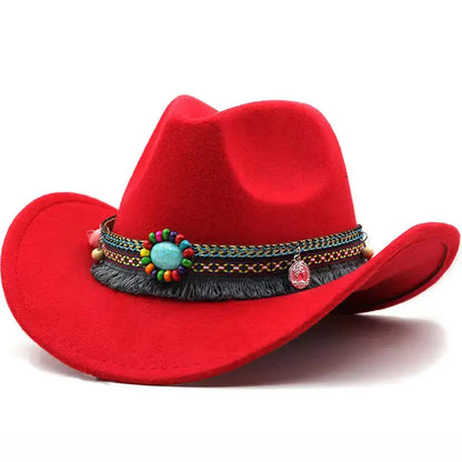 Western Cowboy Wool Hat with Pompom, Montana Sombrero Belt for Men and Women, Cowgirl, Solid Color, Jazz, Stylish Hollow Design for Lady
