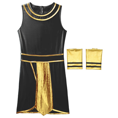 Mens Ancient Egypt Costume Adults Halloween Masquerade Cosplay Carnival Party Dress Sleeveless Themed Roleplay Dress with Cuffs