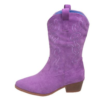 Embroidered Western Cowboy Boots for Women Autumn Pointed Toe Thick Heel High Knee Boots Woman Loose PU Leather Long Botas Mujer