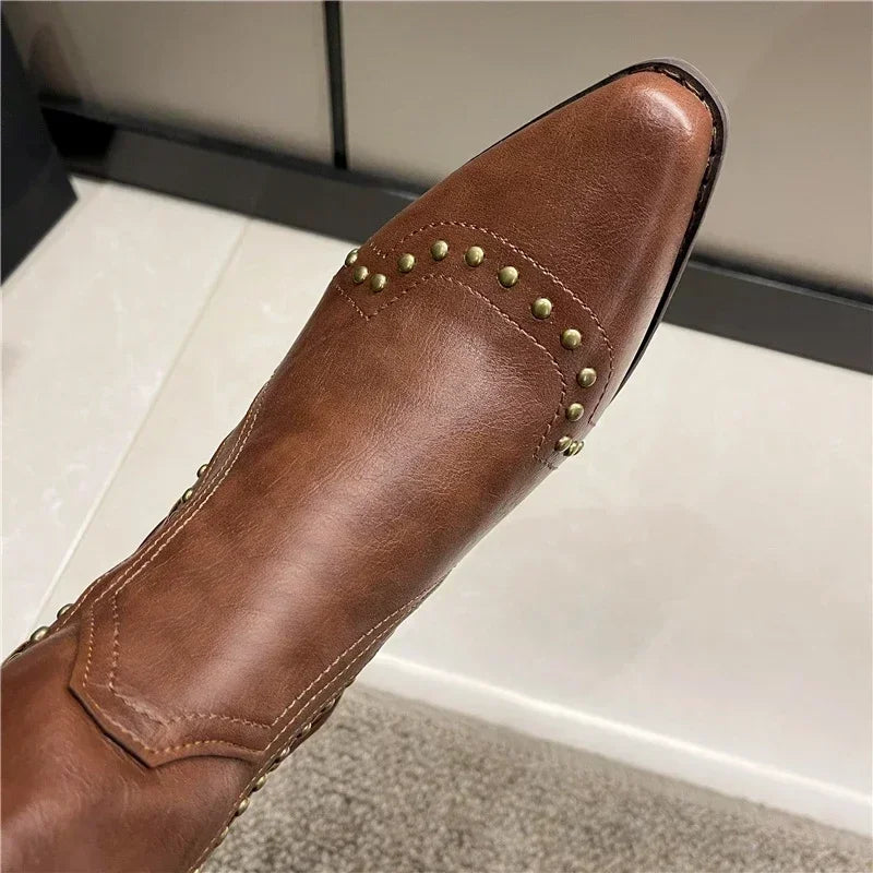 2025 New Women's Boots Low Heel Cowboy Western Short Leather Knee High Luxury Designer Gothic New Rock Shoes Vintage