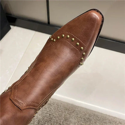 2025 New Women's Boots Low Heel Cowboy Western Short Leather Knee High Luxury Designer Gothic New Rock Shoes Vintage