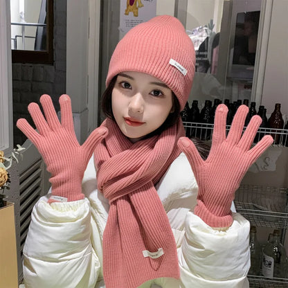Ensemble chapeau, écharpe et gants en laine tricotée de couleur unie-ensemble de noël chaud du nouvel an rouge en faux cachemire automne/hiver
