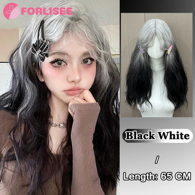 Pink Blonde Highlights Long Wavy Wig Synthetic Colorful Lolita Cosplay Hair Wigs with Bangs for Women Heat Resistant Daily Use