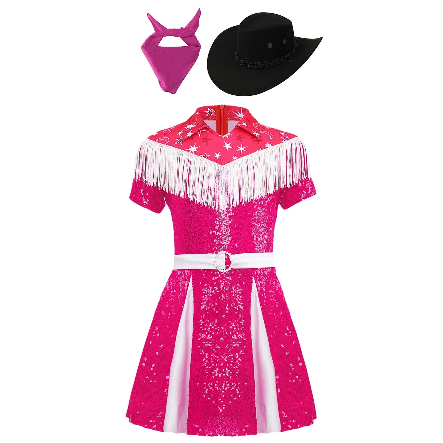 Déguisement de cow-girl pour enfants filles, robe à franges et paillettes avec chapeau de cowboy et bandana, tenue de fête de carnaval d'Halloween