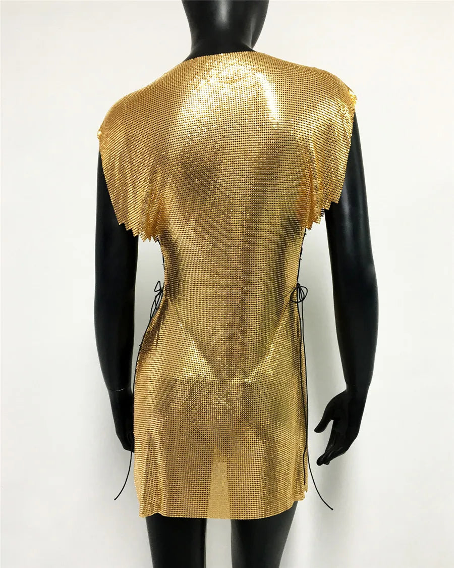 Glitter Metal Sequins Mini Dress Women Sexy Round Neck Sleeveless Side Split Bandage Dress Rave Festival Nightclub Evening Dress