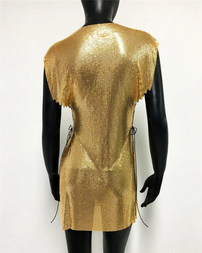 Glitter Metal Sequins Mini Dress Women Sexy Round Neck Sleeveless Side Split Bandage Dress Rave Festival Nightclub Evening Dress