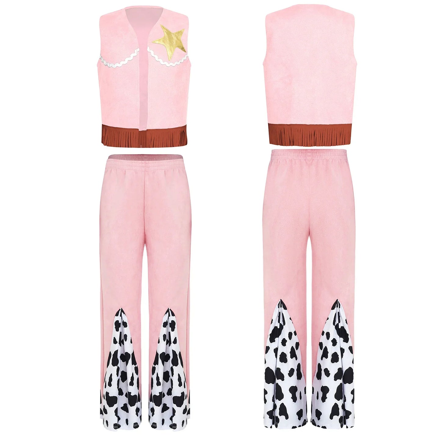 Déguisement de cow-boy/cow-girl western d'Halloween pour filles, gilet à franges étoiles et pantalon évasé imprimé vache, tenues de carnaval