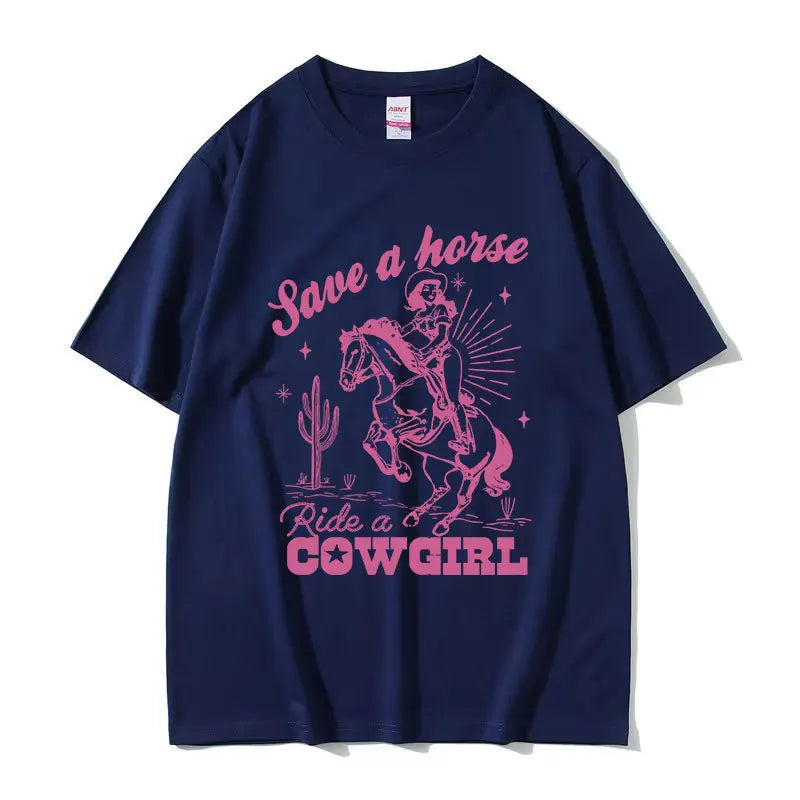 T-shirt décontracté unisexe en coton imprimé "Save A Horse Ride A Cowgirl", style rétro esthétique, Streetwear mode