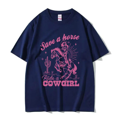 T-shirt décontracté unisexe en coton imprimé "Save A Horse Ride A Cowgirl", style rétro esthétique, Streetwear mode