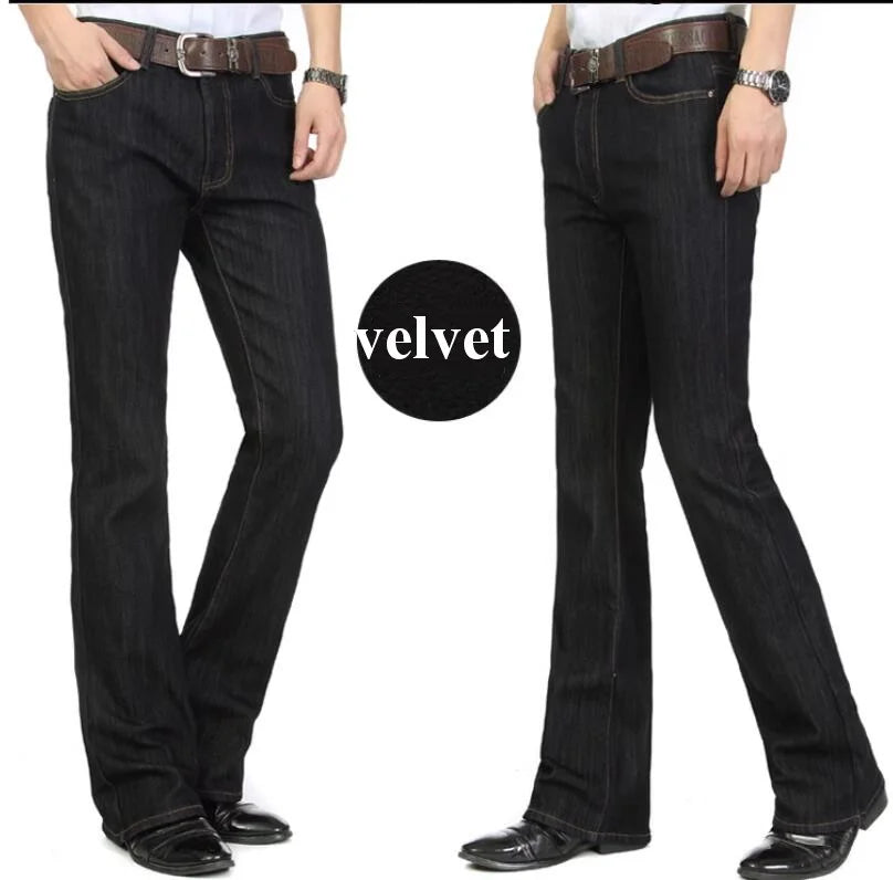 Men's Flared Jeans For Winter Thick Mid High Waist Slim Bell-bottoms Pants Elastic Fared Denim Trousers Size 26-40