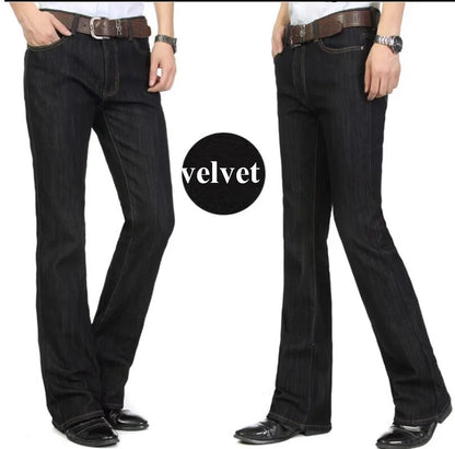 Men's Flared Jeans For Winter Thick Mid High Waist Slim Bell-bottoms Pants Elastic Fared Denim Trousers Size 26-40