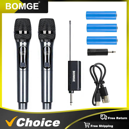 BOMGE Microphone à main sans fil, système de micro dynamique double sans fil avec récepteur Rechargeable 1800MAh pour karaoké