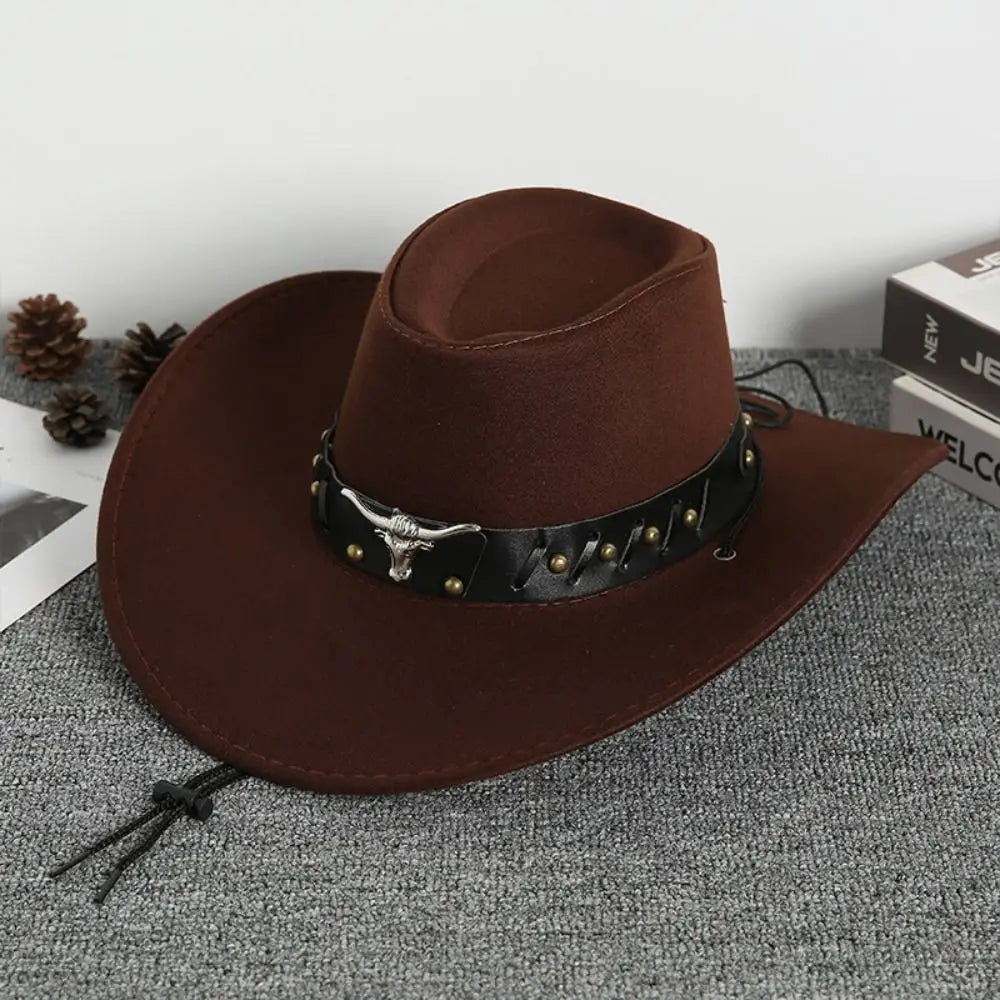 Chapeau de Cowboy occidental de Style ethnique Cool, chapeau de Jazz à large bord en rouleau, tête de vache, chapeau de chevalier de couleur unie, Protection solaire