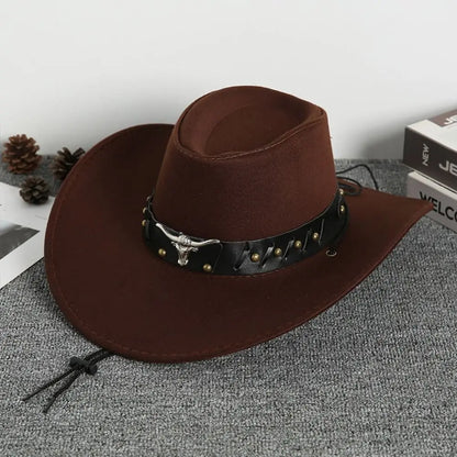 Chapeau de Cowboy occidental de Style ethnique Cool, chapeau de Jazz à large bord en rouleau, tête de vache, chapeau de chevalier de couleur unie, Protection solaire