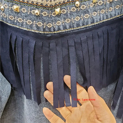 Rivet Embroidery Tassel Denim Jacket Women Loose Long Sleeve Short Outwear Spring Autumn Fashion Black Jeans Jacket Coat Female