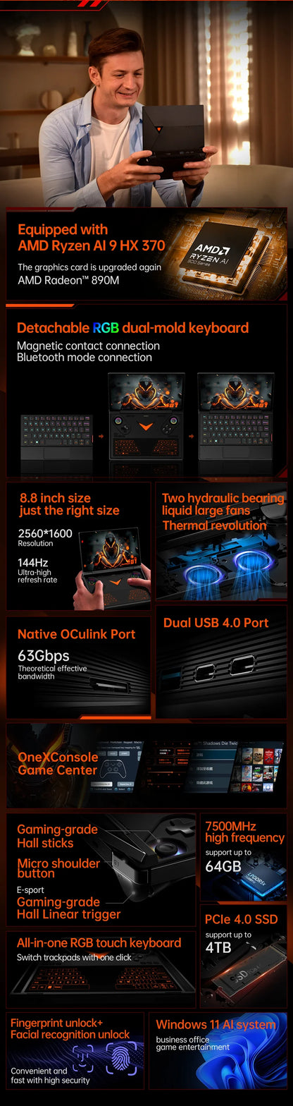 OneXPlayer G1 Gaming Laptop AMD Ryzen AI 9 HX 370 & Intel Core Ultra 7 255H Portable 8.8 Inch 144Hz Dual-Mode Keyboard Computer