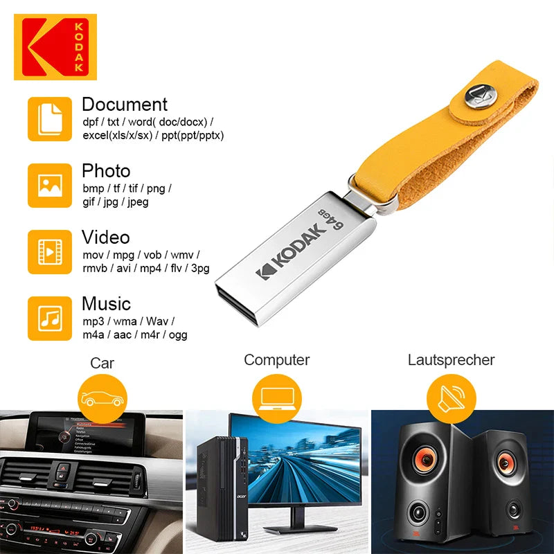 Clé USB Flash Drive KODAK Mini 100 % Originale en métal 32 Go 64 Go 128 Go avec cordon pour clés, clé USB 2.0