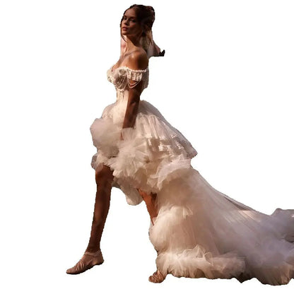 Customized Vintage Two Pieces Ball Gown Wedding Dresses Off Shoulder High Low Bridal Gown with Detachable Train Bride Dress Lace