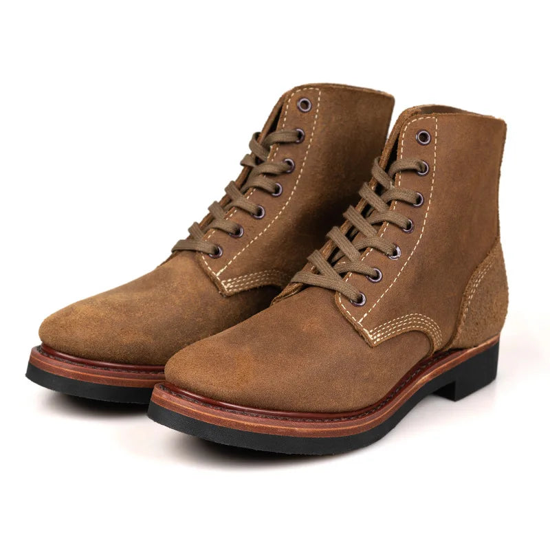 Bottes de Moto rétro en cuir de vache, montantes, durables, soudées Goodyear, chaussures de marche résistantes à l'usure pour hommes
