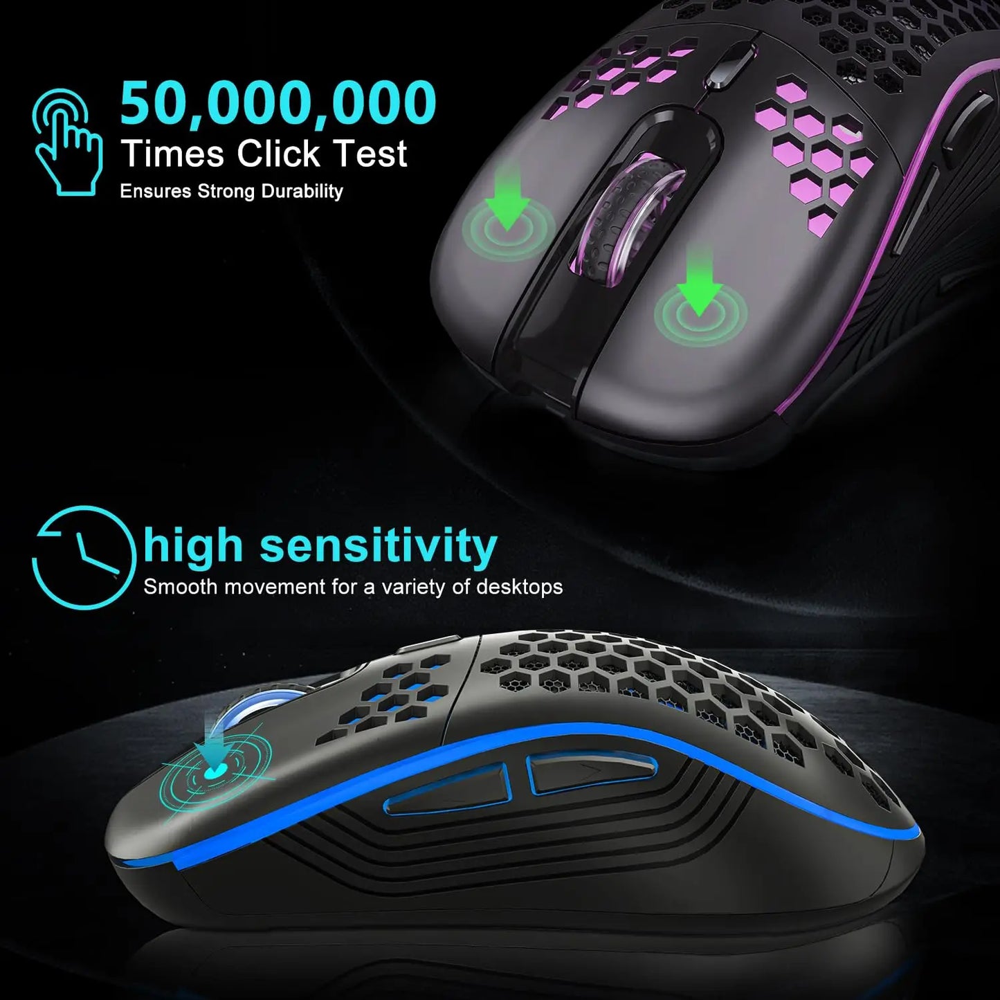 2.4G Wireless Mouse with RGB Backlit 6-button 3-speed DPI Type C Rechargeable Ergonomic Honeycomb Design Gaming Mouse