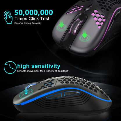 2.4G Wireless Mouse with RGB Backlit 6-button 3-speed DPI Type C Rechargeable Ergonomic Honeycomb Design Gaming Mouse