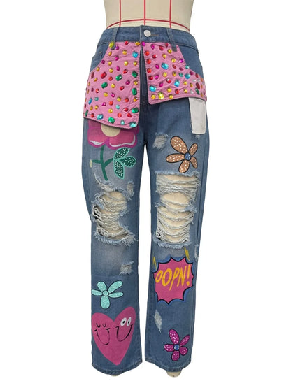 FAGADOER Jean ample à imprimé et couture diamant avec trous pour femme, taille haute, bouton, poche, en denim, pantalon décontracté, streetwear féminin