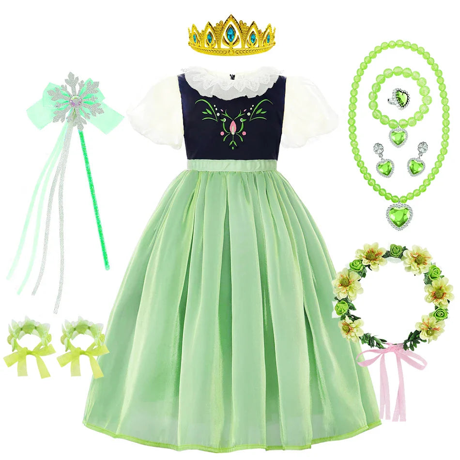 Robe de princesse de cosplay Anna pour filles, costume en maille à manches lanternes, pour fête d'anniversaire, carnaval, Halloween, robe de bal pour enfants