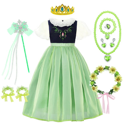 Robe de princesse de cosplay Anna pour filles, costume en maille à manches lanternes, pour fête d'anniversaire, carnaval, Halloween, robe de bal pour enfants